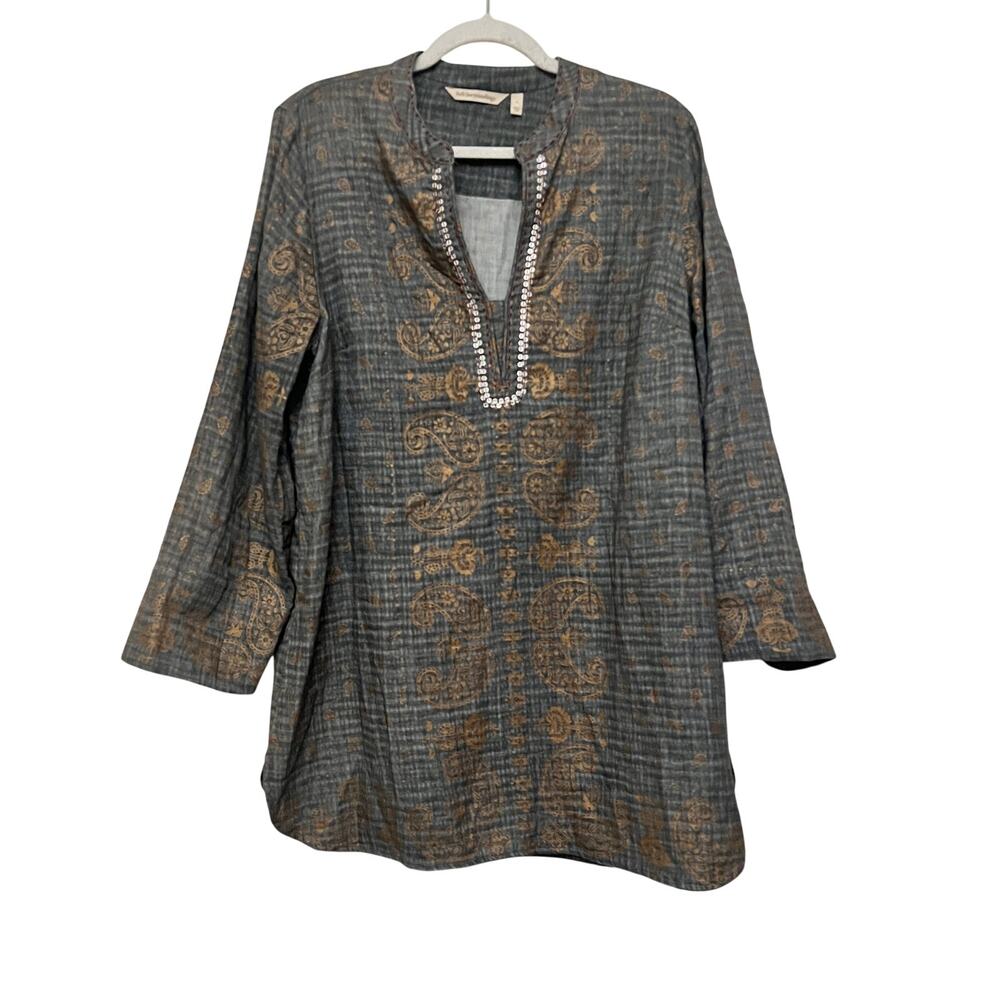 SOFT SURROUNDINGS Women's size L Katavi Cotton Tunic Paisley Print Gold Sequin
